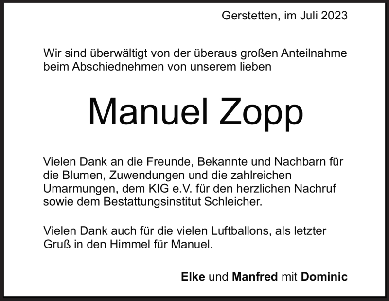  Traueranzeige für Manuel  Zopp  vom 08.07.2023 aus Heidenheimer Zeitung