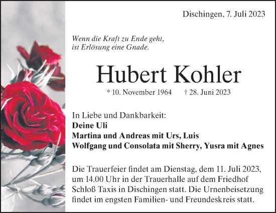 Traueranzeige von Hubert Kohler von Heidenheimer Zeitung