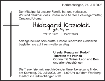 Traueranzeige von Hildegard Koziolek von Heidenheimer Zeitung