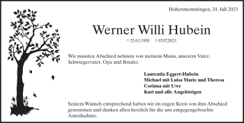 Traueranzeige von Werner Willi Hubein von Heidenheimer Zeitung