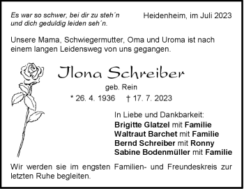 Traueranzeige von Ilona Schreiber von Heidenheimer Zeitung
