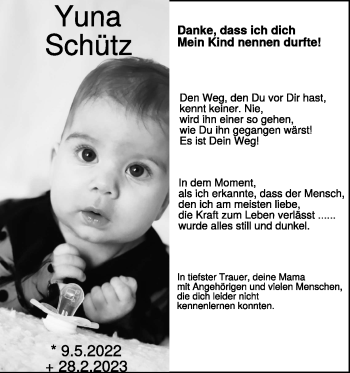 Traueranzeige von Yuna Schütz von Heidenheimer Zeitung