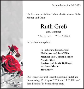 Traueranzeige von Ruth Greß von Heidenheimer Zeitung