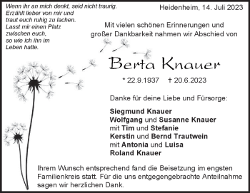 Traueranzeige von Berta Knauer von Heidenheimer Zeitung