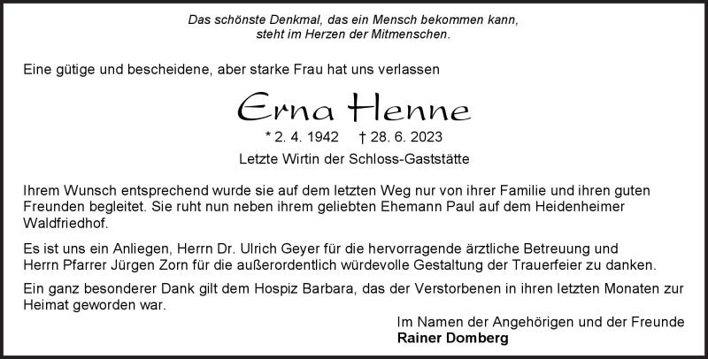 Traueranzeige für Erna Henne vom 18.07.2023 aus Heidenheimer Zeitung