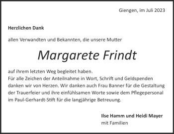 Traueranzeige von Margarete Frindt von Heidenheimer Zeitung