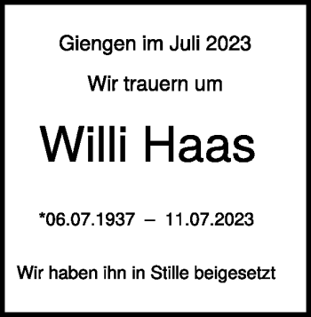 Traueranzeige von Willi Haas von Heidenheimer Zeitung