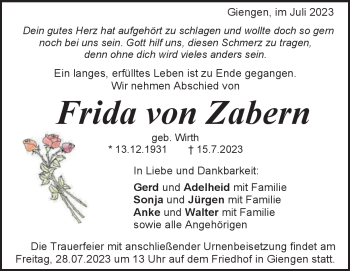 Traueranzeige von Frida von Zabern von Heidenheimer Zeitung