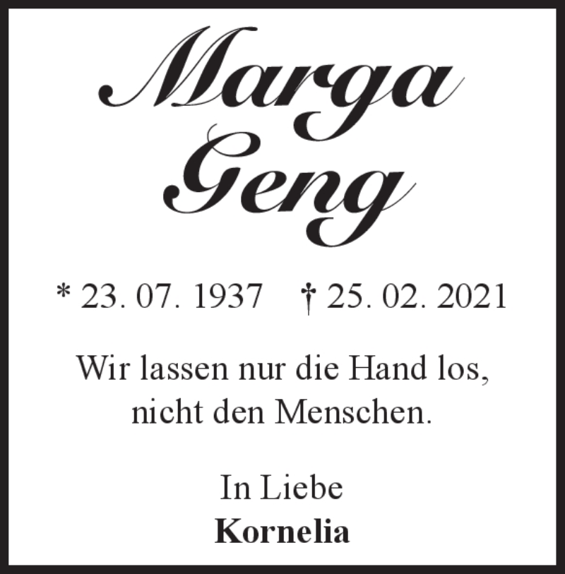  Traueranzeige für Marga Geng vom 22.07.2023 aus Heidenheimer Zeitung
