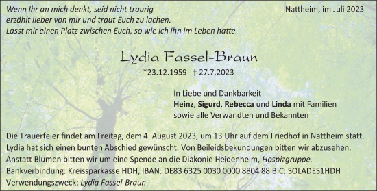 Traueranzeige von Lydia Fassel-Braun von Heidenheimer Zeitung