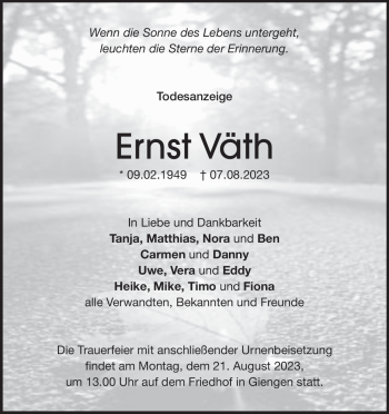 Traueranzeige von Ernst Väth von Heidenheimer Zeitung