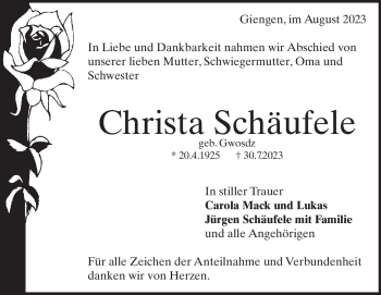 Traueranzeige von Christa Schäufele von Heidenheimer Zeitung