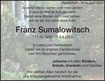 Traueranzeige von Franz Sumalowitsch von Heidenheimer Zeitung