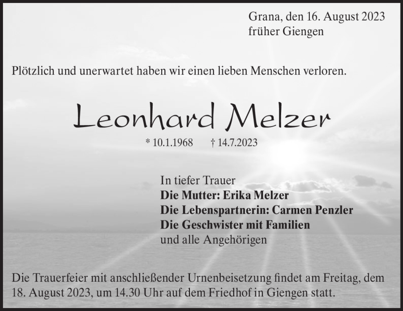  Traueranzeige für Leonhard Melzer vom 16.08.2023 aus Heidenheimer Zeitung
