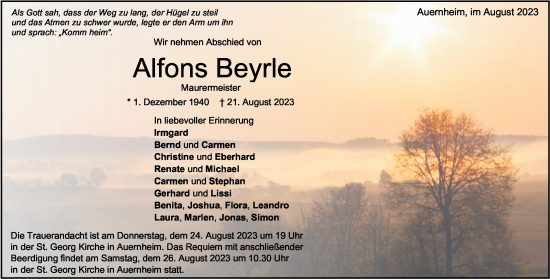 Traueranzeige von Alfons Beyrle von Heidenheimer Zeitung
