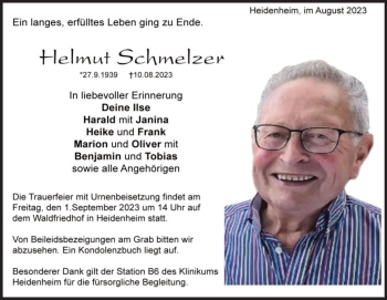 Traueranzeige von Helmut Schmelzer von Heidenheimer Zeitung