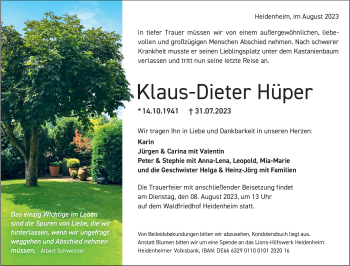 Traueranzeige von Klaus-Dieter Hüper von Heidenheimer Zeitung