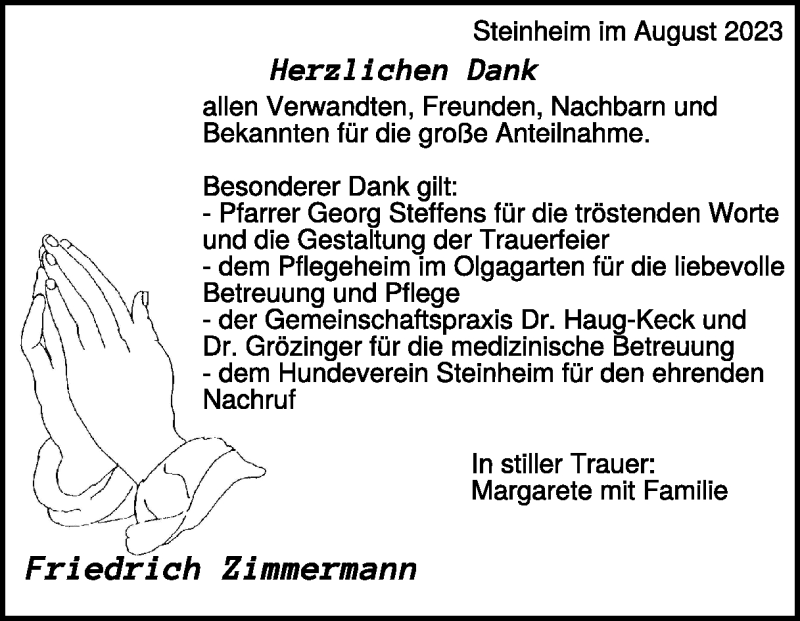  Traueranzeige für Friedrich Zimmermann vom 17.08.2023 aus Heidenheimer Zeitung