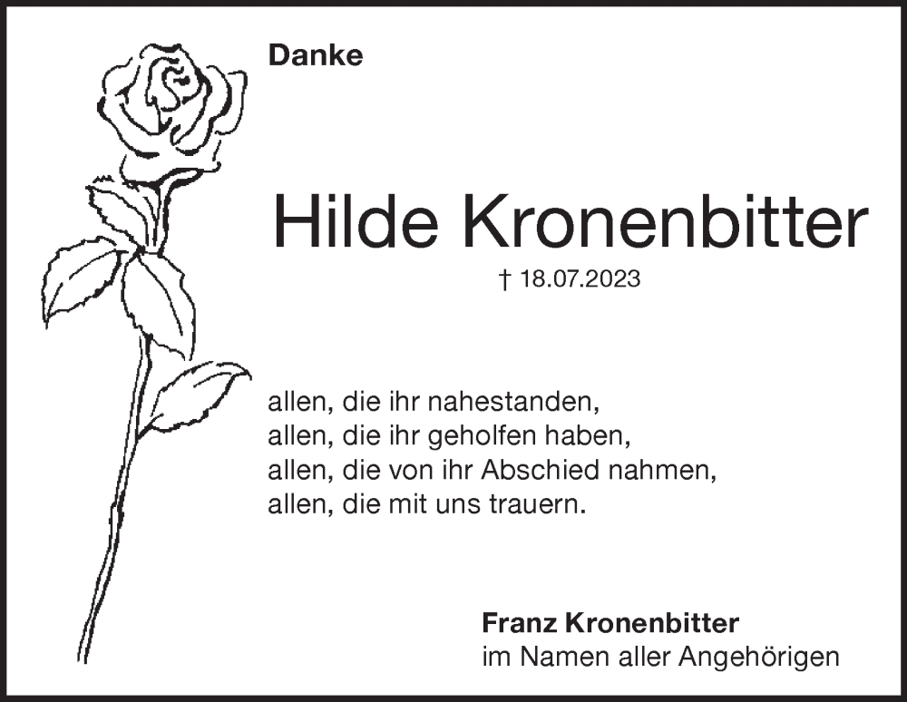  Traueranzeige für Hilde Kronenbitter vom 05.08.2023 aus Heidenheimer Zeitung