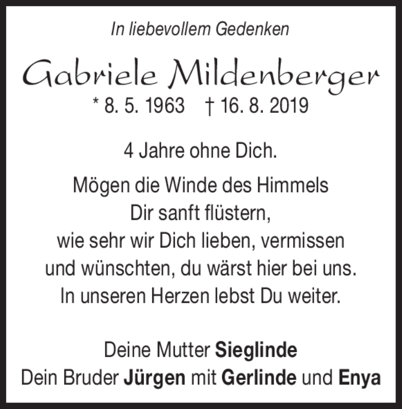  Traueranzeige für Gabriele Mildenberger vom 16.08.2023 aus Heidenheimer Zeitung
