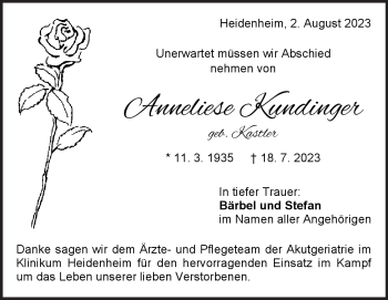 Traueranzeige von Anneliese Kundinger von Heidenheimer Zeitung