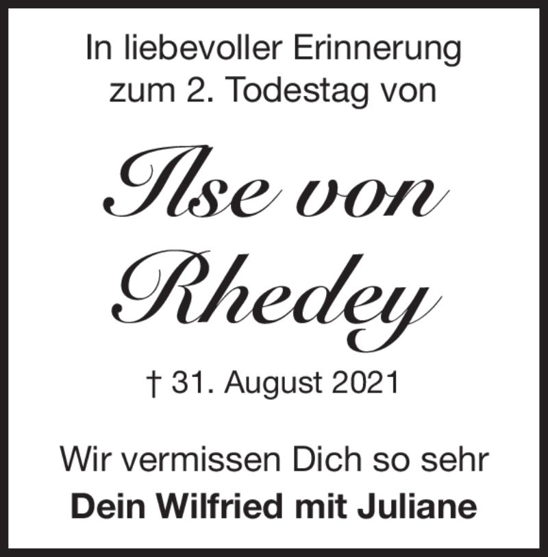  Traueranzeige für Ilse von Rhedey vom 31.08.2023 aus Heidenheimer Zeitung
