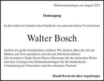 Traueranzeige von Walter Bosch von Heidenheimer Zeitung