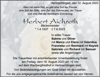 Traueranzeige von Herbert Aichroth von Heidenheimer Zeitung