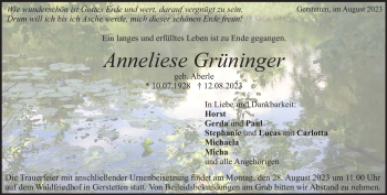 Traueranzeige von Anneliese Grüninger von Heidenheimer Zeitung