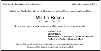 Traueranzeige von Martin Bosch von Heidenheimer Zeitung