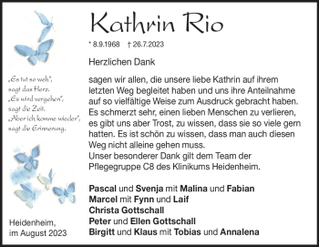 Traueranzeige von Kathrin Rio von Heidenheimer Zeitung