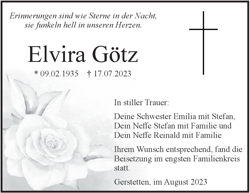  Traueranzeige für Elvira Götz vom 17.08.2023 aus Heidenheimer Zeitung