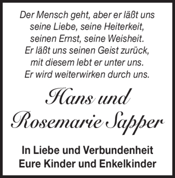Traueranzeige von Rosemarie Sapper von Heidenheimer Zeitung