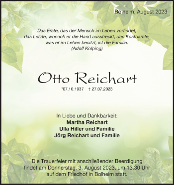 Traueranzeige von Otto Reichart von Heidenheimer Zeitung