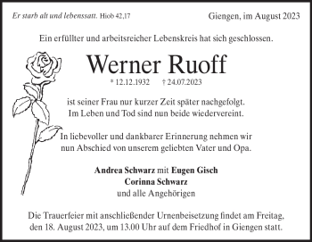 Traueranzeige von Werner Ruoff von Heidenheimer Zeitung