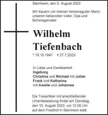 Traueranzeige von Wilhelm Tiefenbach von Heidenheimer Zeitung