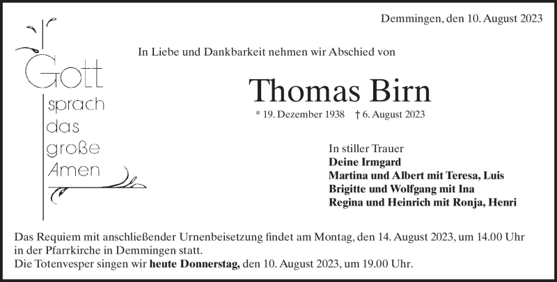  Traueranzeige für Thomas Birn vom 10.08.2023 aus Heidenheimer Zeitung