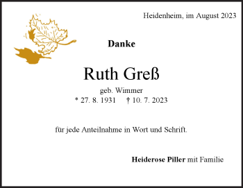 Traueranzeige von Ruth Greß von Heidenheimer Zeitung