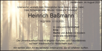 Traueranzeige von Heinrich Baßmann von Heidenheimer Zeitung