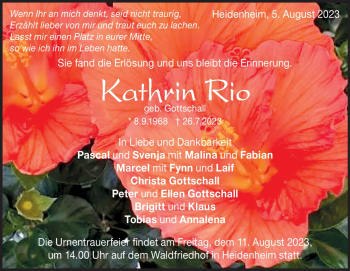 Traueranzeige von Kathrin Rio von Heidenheimer Zeitung