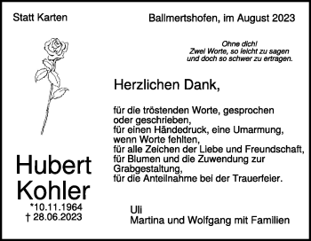 Traueranzeige von Hubert Kohler von Heidenheimer Zeitung