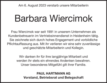 Traueranzeige von Barbara Wiercimok von Heidenheimer Zeitung