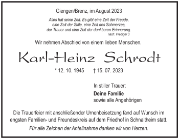 Traueranzeige von Karl-Heinz Schrodt von Heidenheimer Zeitung