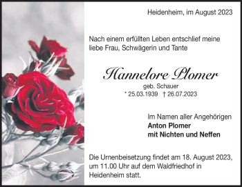 Traueranzeige von Hannelore Plomer von Heidenheimer Zeitung