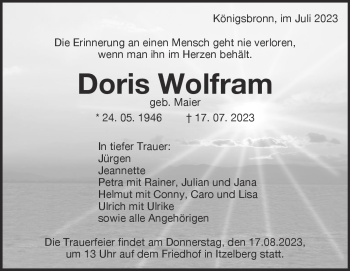 Traueranzeige von Doris Wolfram von Heidenheimer Zeitung