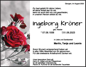 Traueranzeige von Ingeborg Kröner von Heidenheimer Zeitung