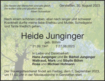 Traueranzeige von Heide Junginger von Heidenheimer Zeitung