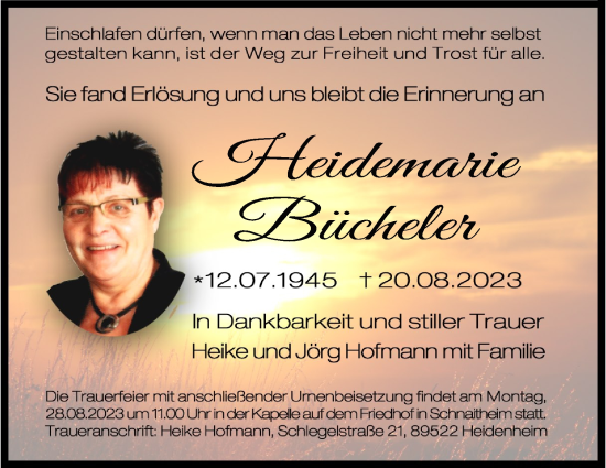 Traueranzeige von Heidemarie Bücheler von Heidenheimer Zeitung