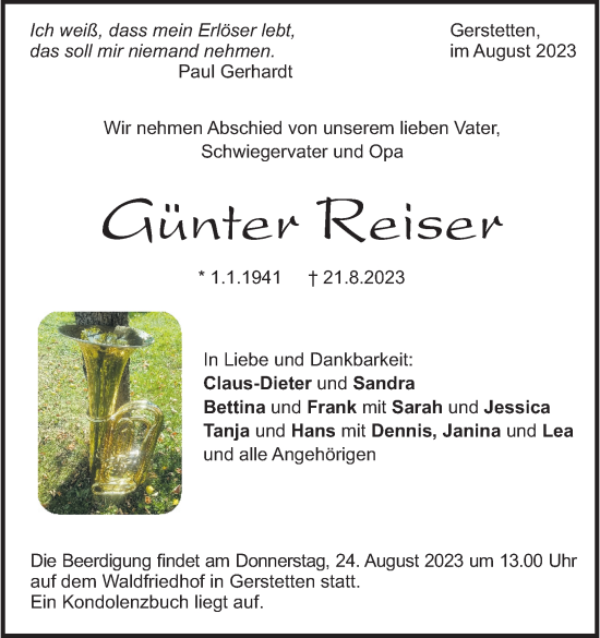 Traueranzeige von Günter Reiser von Heidenheimer Zeitung