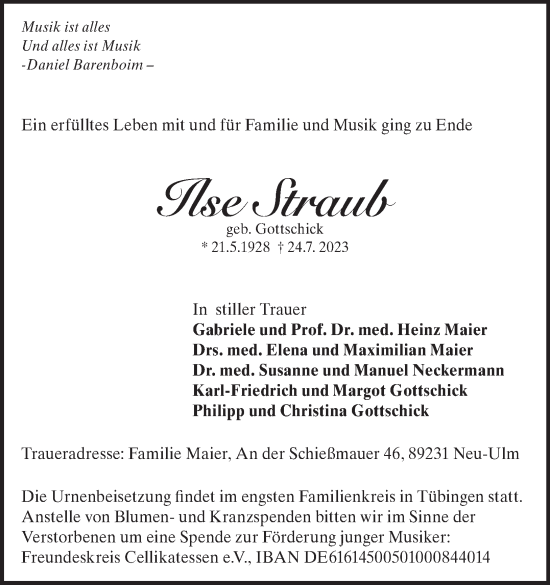 Traueranzeige von Ilse Straub von Heidenheimer Zeitung